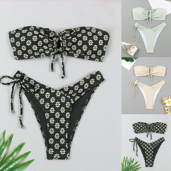 UTSJKR Women's Floral Jacquard Bandeau Bikini Set Drawstring Tie High Cut Bikini Swimsuit Bikini Beach Bikini Suit Shorts Set for Women Beige S