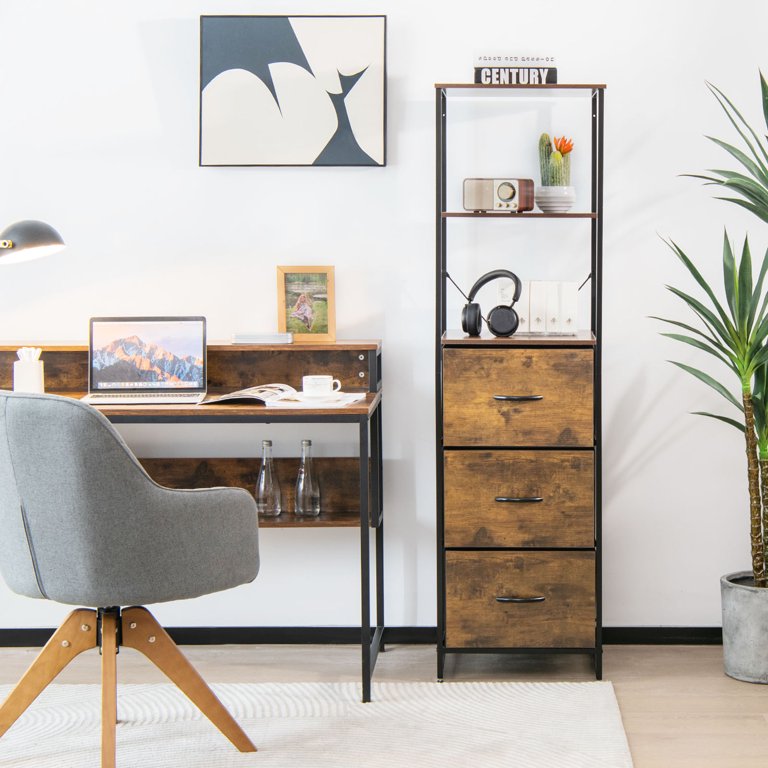 bookshelf dresser Gymax 2PCS Industrial 3-tier Bookshelf 3 Drawers Dresser for Study Bedroom  Living Room