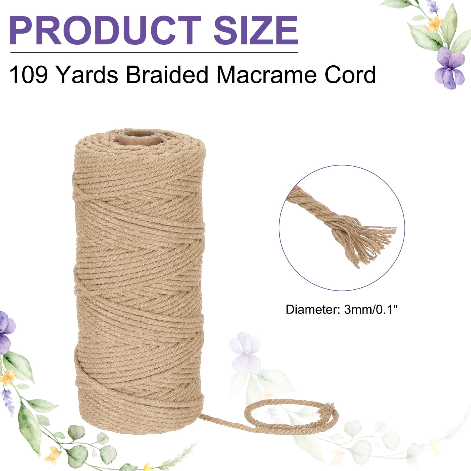 Braided Macrame Cord, 3mm x 109 Yards Natural Cotton Rope Macrame Yarn Bohemia Craft String with Scissors(Khaki)