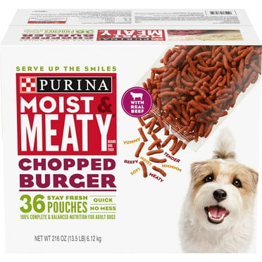 Purina Moist and Meaty Adult Chopped Beef Chunks Wet Dog Food, 6 oz. Pouch, Pack of 36