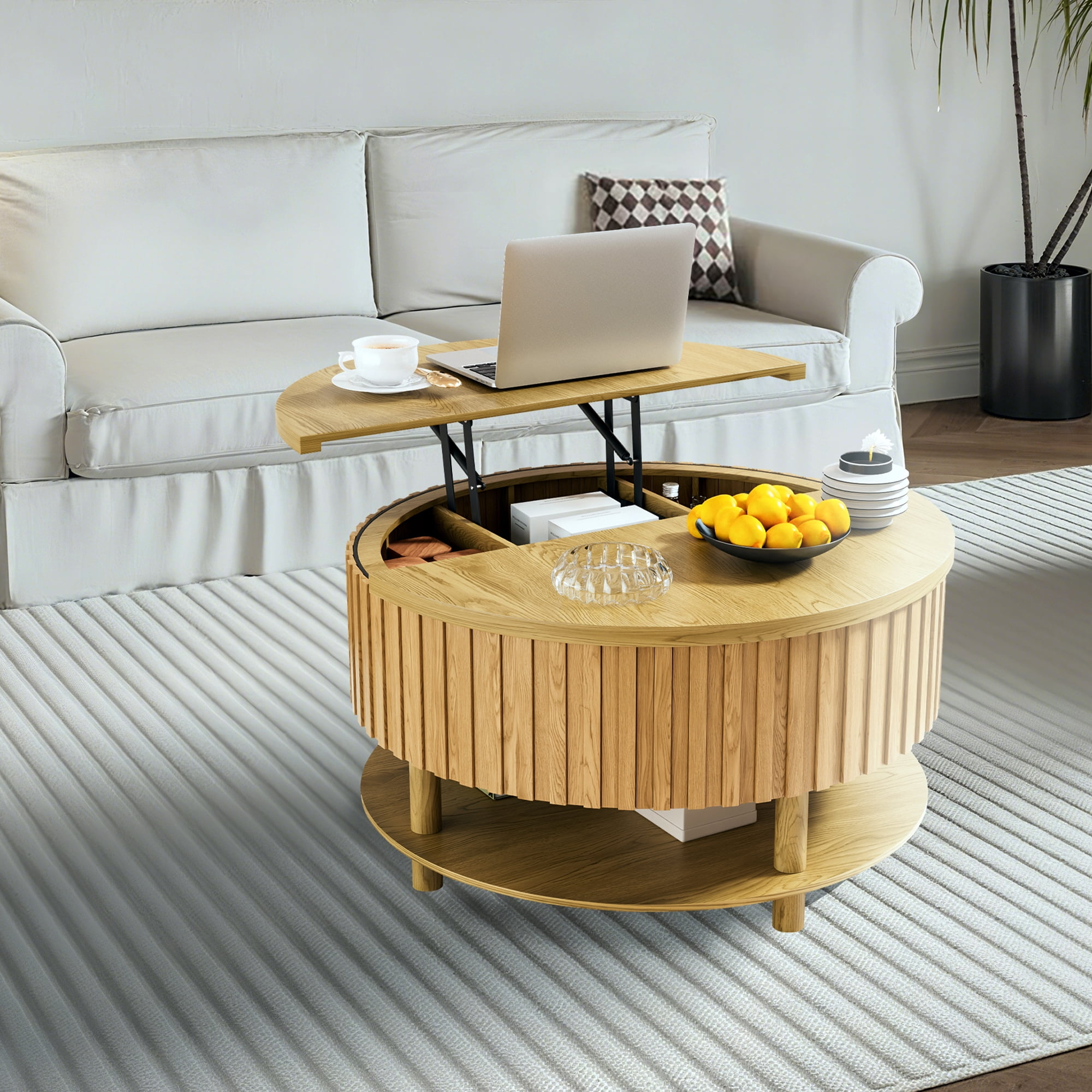 Round Lift Top Coffee Table with Storage, 2-Tier Center Table with Hidden Compartment, Circle Coffee Table with Open Shelf for Living Room, Wood Color