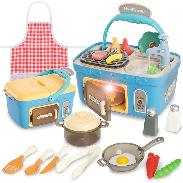JOYIN Kids Play Kitchen Picnic Playset, Portable Picnic Basket Toys with Musics & Lights, Color