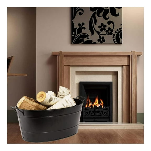 Traditional Black Oval Tub Galvanized Steel and Black Powder Coat Finish for Firewood with Handles for Easy Carrying, Party or Get- Serve Up