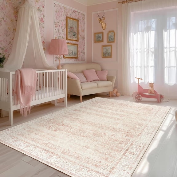 Brythos Pink Nursery Rug for Baby Girl 5x7 ft, Neutral Blush Pink Boho Cute Floral Design, Foldable Machine Washable Low Pile Soft Surface Carpet for Living Room Bedroom Dorm Kids Playroom