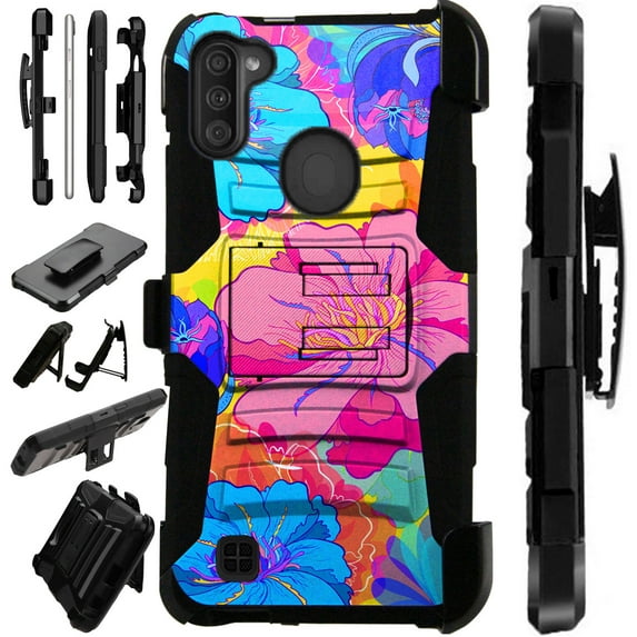 WORLD ACC LuxGuard Holster Case Compatible with Samsung Galaxy A11 Hybrid Phone Cover (Yellow Hibiscus Flower)