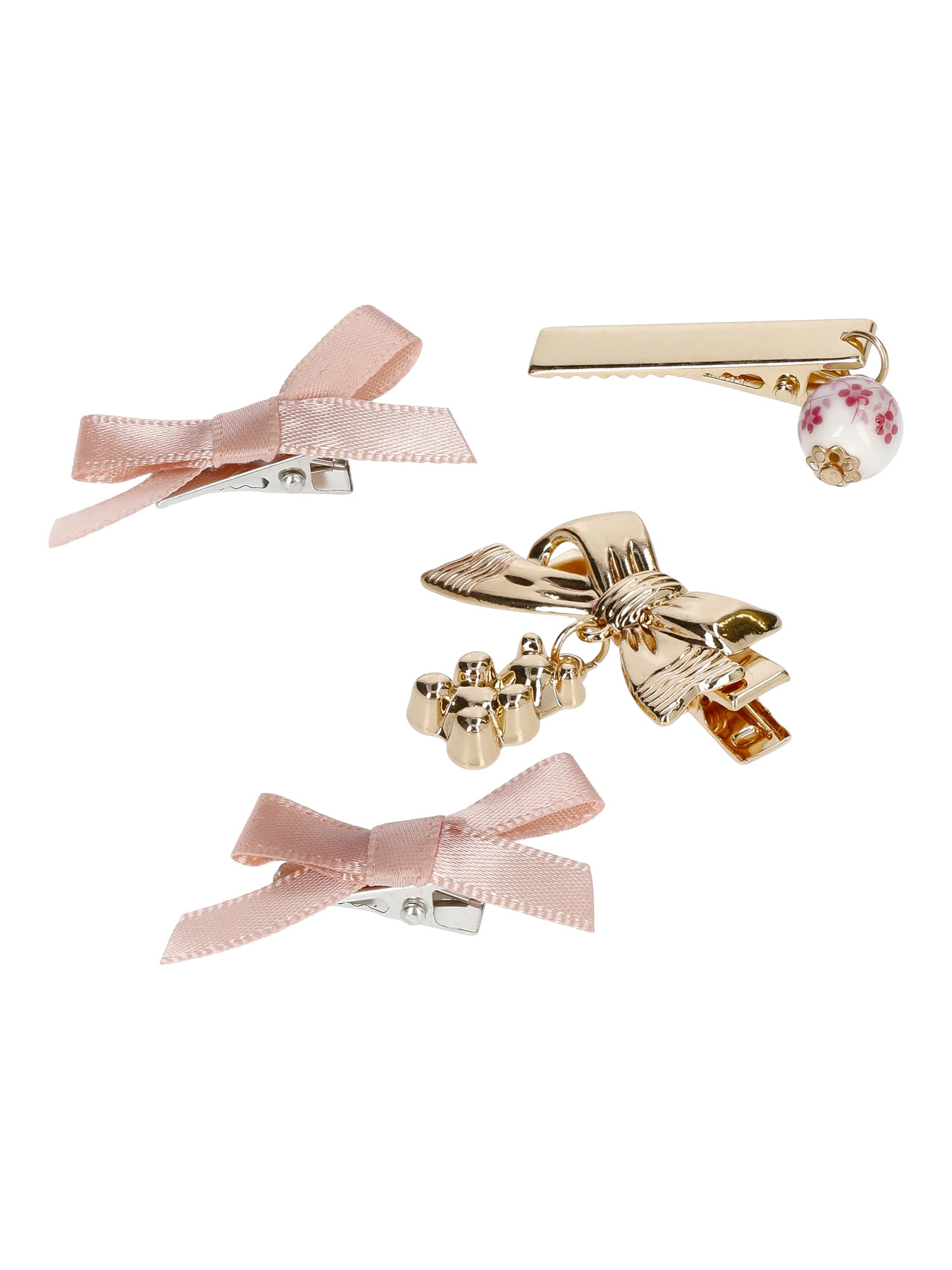 No Boundaries Bow and Charm 4-Piece Hair Clip Set - Blush/Gold Tone