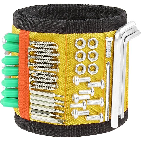 Magnetic Wristband, Allisable Tool Belt with 15 Strong Magnets for Holding Screws, Bolts, Drills, Tool Holder Gadgets for Construction, Repair and Other DIY, Double Pockets, Super Lightweight
