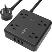 TROND Flat Plug Power Bar with Surge Protector, 3 USB Power Strip, 4 Widely Spaced Outlets, 1440 Joules, 5ft Extension