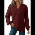 thumbnail image 1 of Blusas Tipo Suéter de Larga Informales con Cuello en V y Cuello de Gofre para Mujer Rojo Oscuro M, 1 of 7