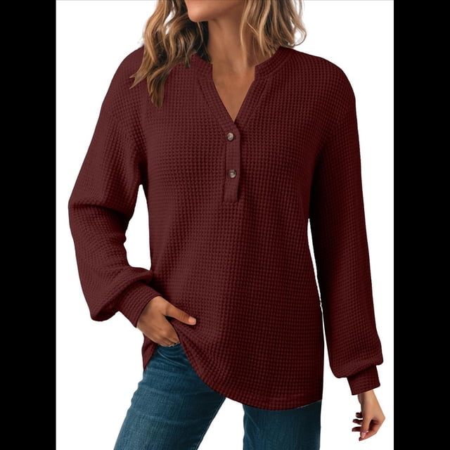 Blusas Tipo Suéter de Larga Informales con Cuello en V y Cuello de Gofre para Mujer Rojo Oscuro M