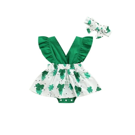 

EYIIYE 2PCS Baby Girls Summer Ruffle Sleeve V Neck Backless Clover Print Romper with Headband Set 0-18 Months