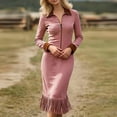 thumbnail image 5 of Ohufall Womens Midi Dresses Patchwork Long Sleeve Zip Front Dresses Vintage Fringe Hem Slim Dresses, 5 of 6