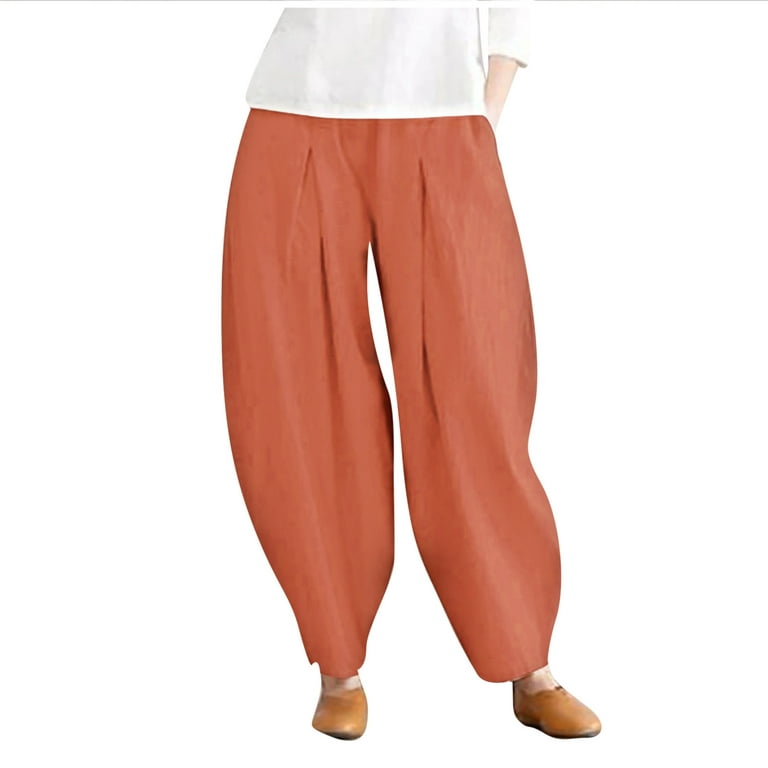 Bigersell Womens Winter Pants Full Length Pants Women Casual Pocket Cotton  Linen Elastic Waist Wide Leg Pants Ladies' Pull on High Pant