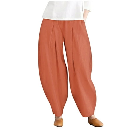 

Womens Full Length Pants Clearance Wide Leg Pants Casual Leisure Bib Pants Coverall Cotton Linen Trouser Long Pant Elasticity Pajama Pants for Women Orange S
