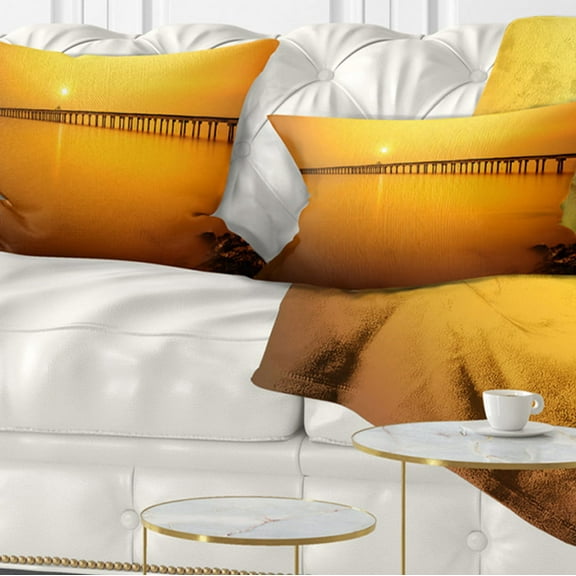 Designart Yellow Tinged Seashore and Long Pier - Pier Seascape Throw Pillow - 12x20