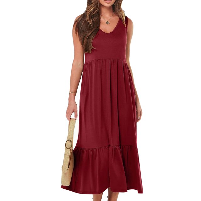 Vestido De Mujer Sin Mangas Con Cuello En V Vestido De Columpio SóLido Vestido De Verano Suelto