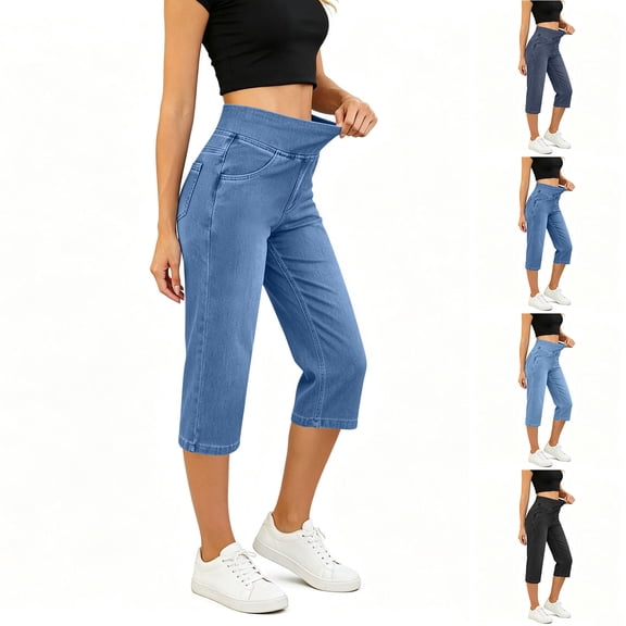 Hueook Capri Jeans Pants for Women's Solid Color Denim Cropped Pants with Elastic Waist and Side Pockets Light Blue XL