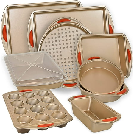 

Baking 10 Piece Set Nonstick Gold Oven Bakeware Kitchen Set with Silicone Handles Cookie Sheets Round Cake Pans 9x13 with Lid Loaf Deep Pizza Crisper Muffin by