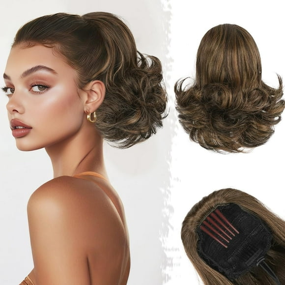 shiyou-Drawstring Comb Clip Ponytail Extension - 10 Inch Short Clip in Ponytails Hairpieces for Women - Synthetic Highlight Ponytail Extension Fake Pony Tails - Dark Brown with Highlights