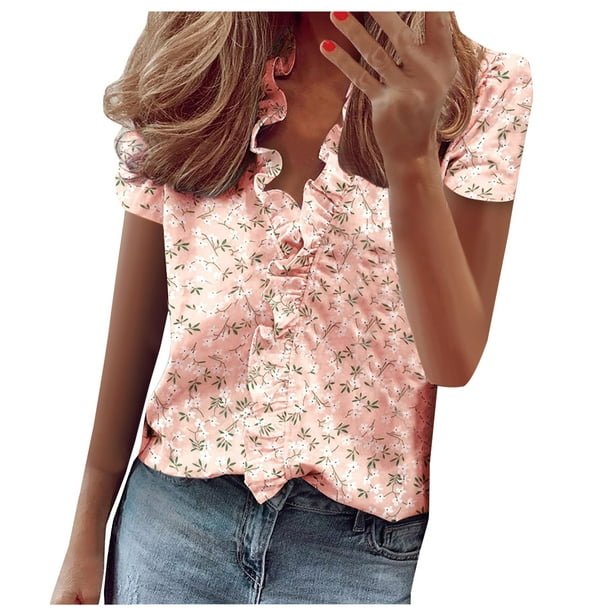 Women's Casual Solid Color Tops Ruffle V-Neck Short Sleeve Loose Fit Shirt  Flowy Blouse Short Sleeve Shirt Tops 