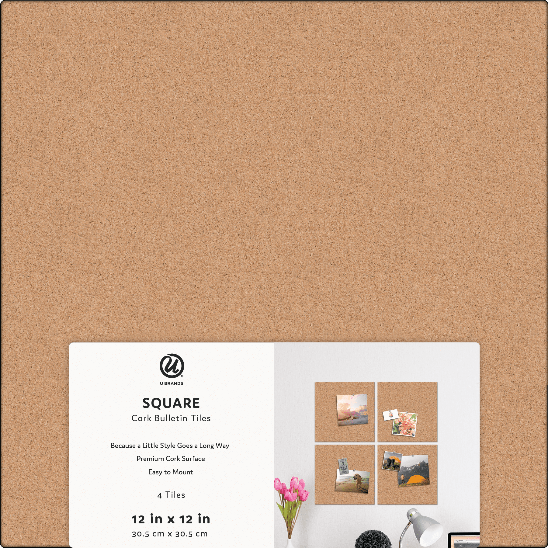 U Brands Square Cork Tile EVA Bulletin Board, 12" x 12", frameless, 4 Count, 4876U