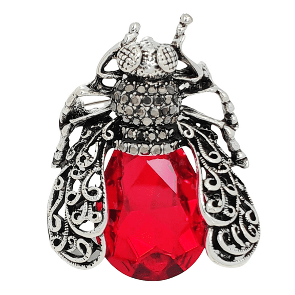 Beetle Red Brooch, Silver Tone