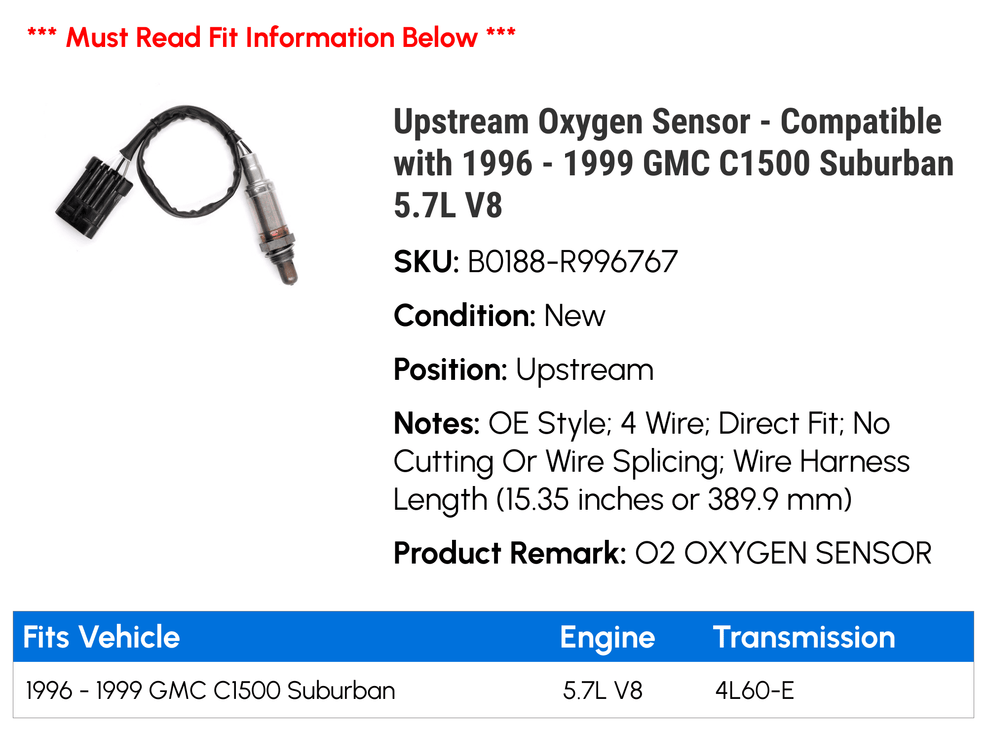 Upstream Oxygen Sensor - Compatible with 1996 - 1999 GMC C1500 Suburban 5.7L V8 1997 1998