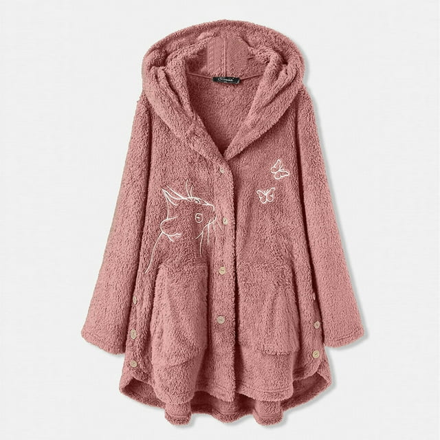Womens Cardigans Women Printed Button Plush Tops Hooded Loose Cardigan Wool Coat Winter Jacket on Clearance