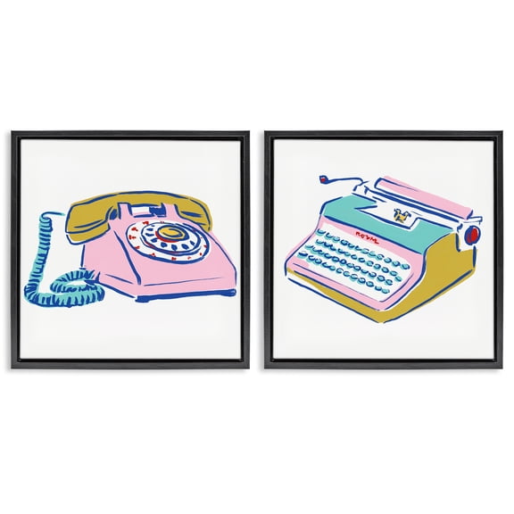 Stupell Industries Vintage Rotary Phone Typewriter Drawing Entertainment Painting Black Floater Framed Canvas Art Print Wall Art, 18 x 18, Set of 2