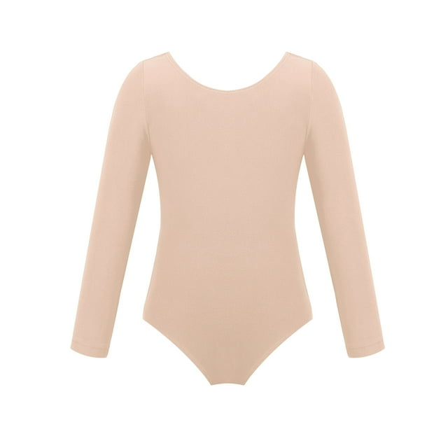 Jowowha Justaucorps de Gymnastique Basiques Unis pour Filles Manches Longues Col Rond Ballet Danse Justaucorps Tops Abricot 12