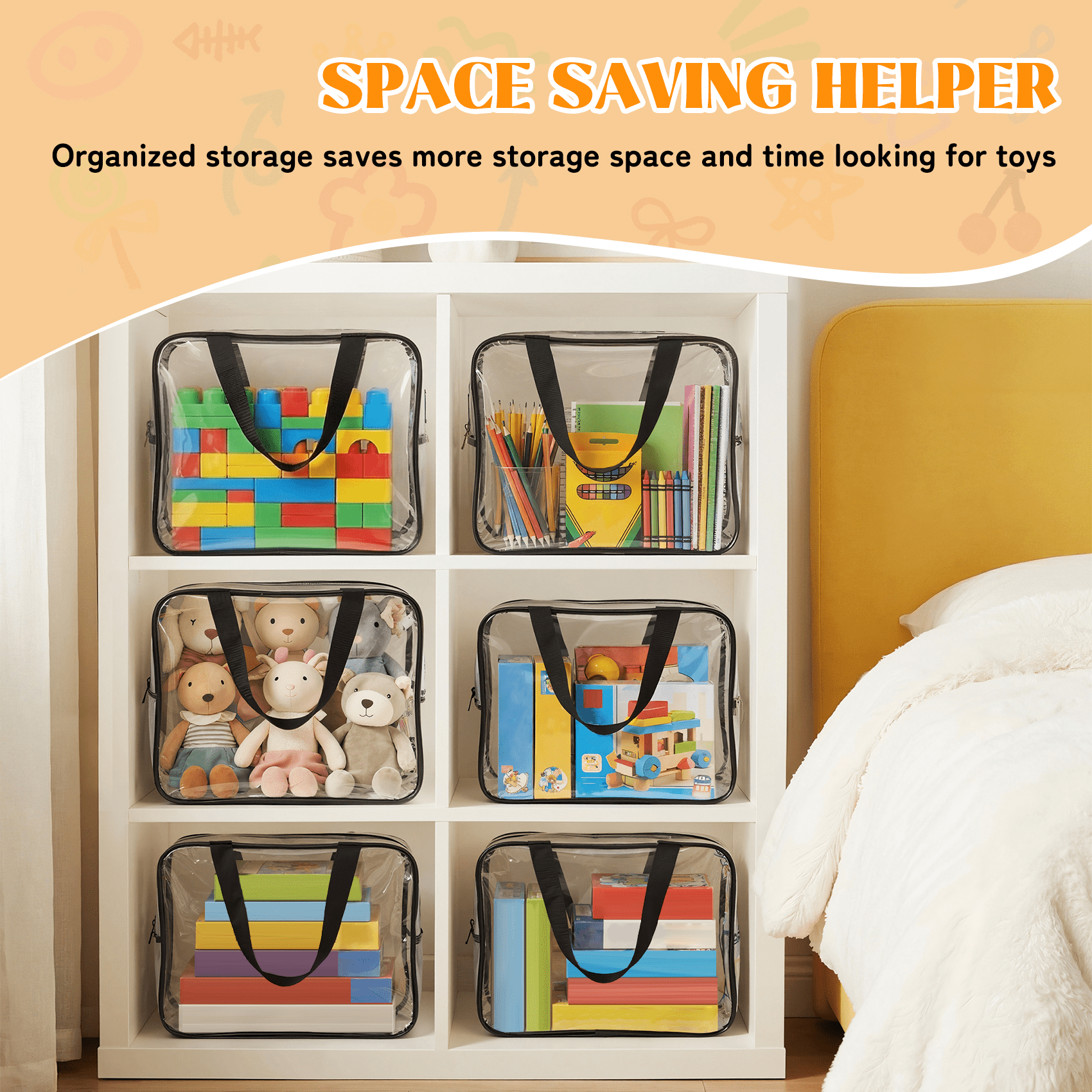6 Pack Clear Toy Storage Bags with Carry Handles, 2 Sizes Zippered Storage Organizer Bins for Legos Puzzles Board Games, Playroom Storage Organizers.
