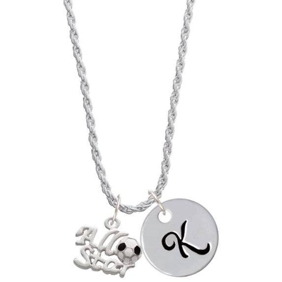 Delight Jewelry Silvertone All Star - Soccer ball Silvertone Script Initial Disc - K - Charm Necklace, 20"+3"