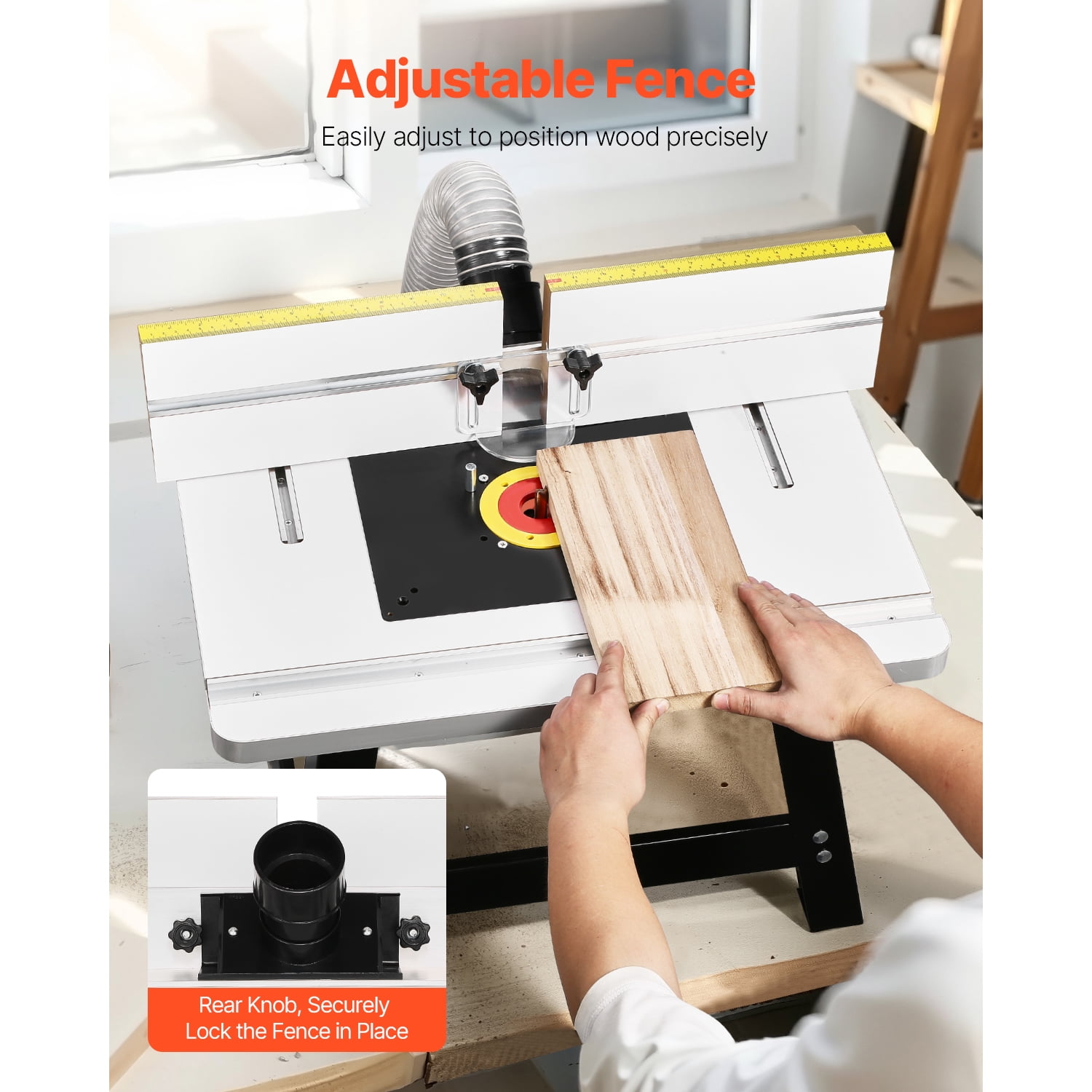 KFFKFF Tabletop Router Stand, Dimensions 24 in x 15.7 in, Tabletop Routing Stand with Modifiable Barrier, MDF Surface, Robust Metallic Foundation, 2-1/2 in Debris Gathering Outlet