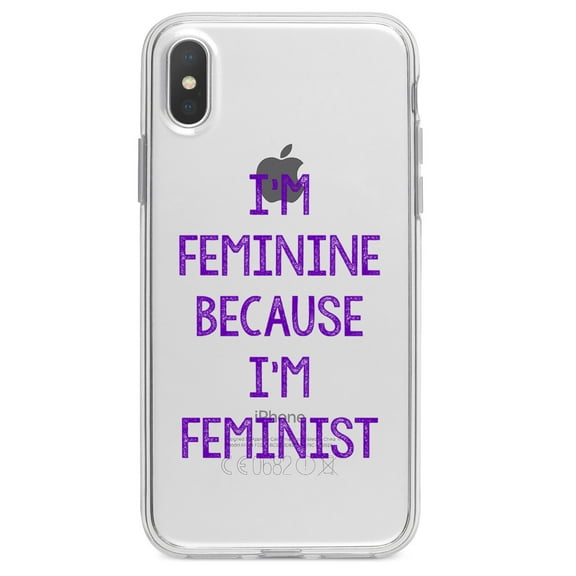 DistinctInk Clear Shockproof Hybrid Case for iPhone X / XS (5.8" Screen) - TPU Bumper Acrylic Back Tempered Glass Screen Protector - I'm Feminine Because I'm Feminist