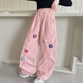 thumbnail image 3 of Crunowin Girls Cargo Pants, Elastic Waist Retro Multi Pockets Floral Patch Wide Leg Pants Size 4T, 3 of 8
