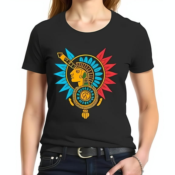 Stylish Black Cotton Short Sleeve T-Shirt with Vibrant Indigenous Headdress Design in Red & Gold