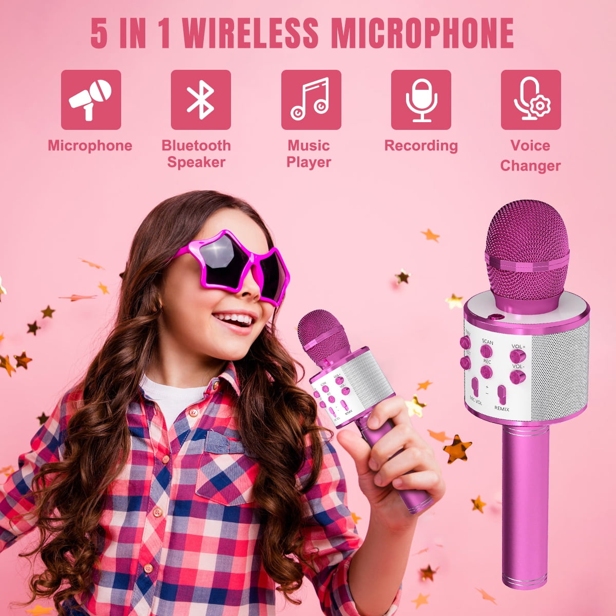 PayUSD Wireless Microphone for Kids Bluetooth Karaoke Microphone for adults 5-in-1 Portable Handheld Mic Speaker Birthday Christmas Gifts Toys for Girls Boys Adults All Age, Pink