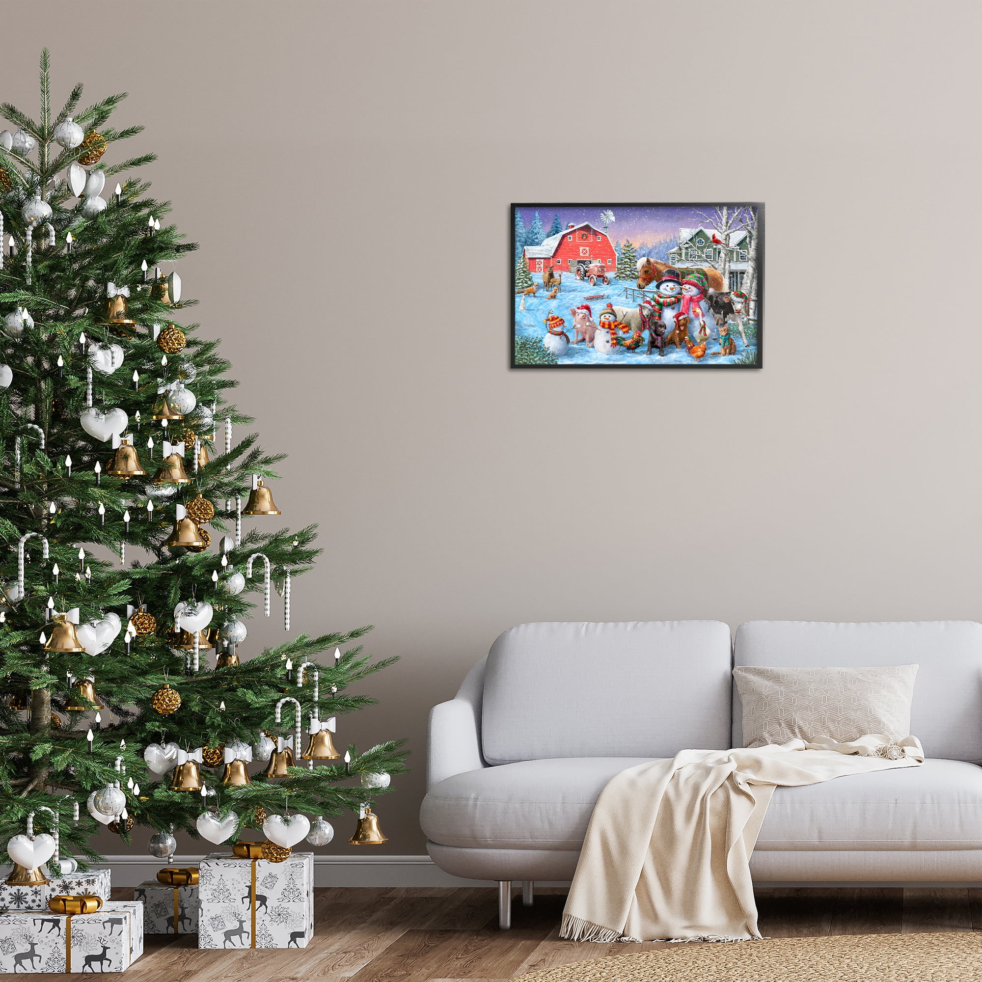 Stupell Industries Snowman & Dogs Family Holiday Painting Black Framed Art Prints Wall Art, 24 x 16