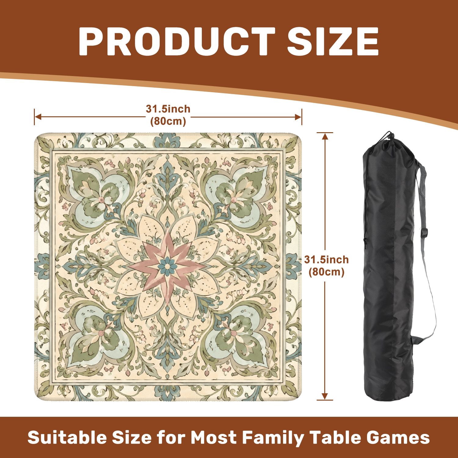 Mahjong Mat 31.5" x 31.5" Hand drawn artistic Seamless ornate frame border doodle floral Non-Slip Noise Reduction Chic Portable Gaming Table Cover for Family Game Night & Gift