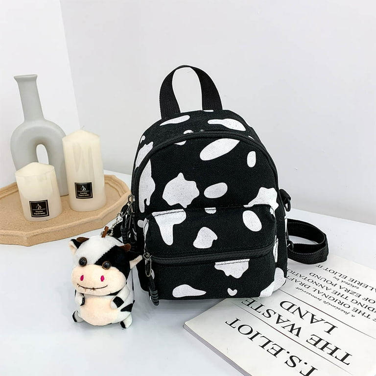 Mini Canvas Daypack with Plush Pendant Cow Print Backpack for Women Lady Girls