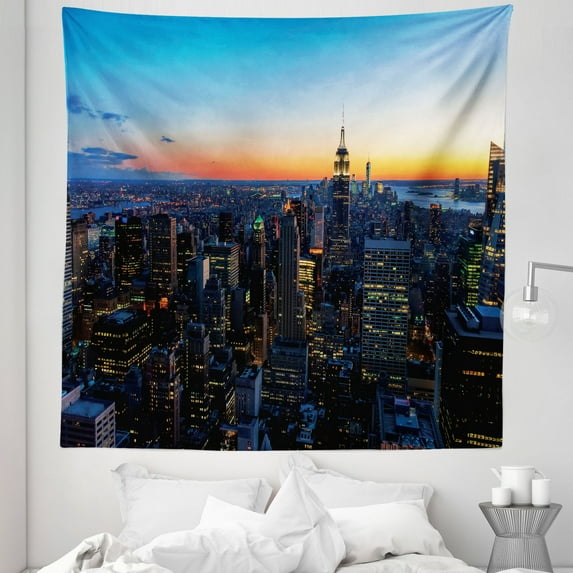 City Tapestry, New York City Sunset Manhattan Downtown Empire State and Skyscrapers, Fabric Wall Hanging Decor for Bedroom Living Room Dorm, 5 Sizes, Sky Blue Salmon and Orange, by Ambesonne