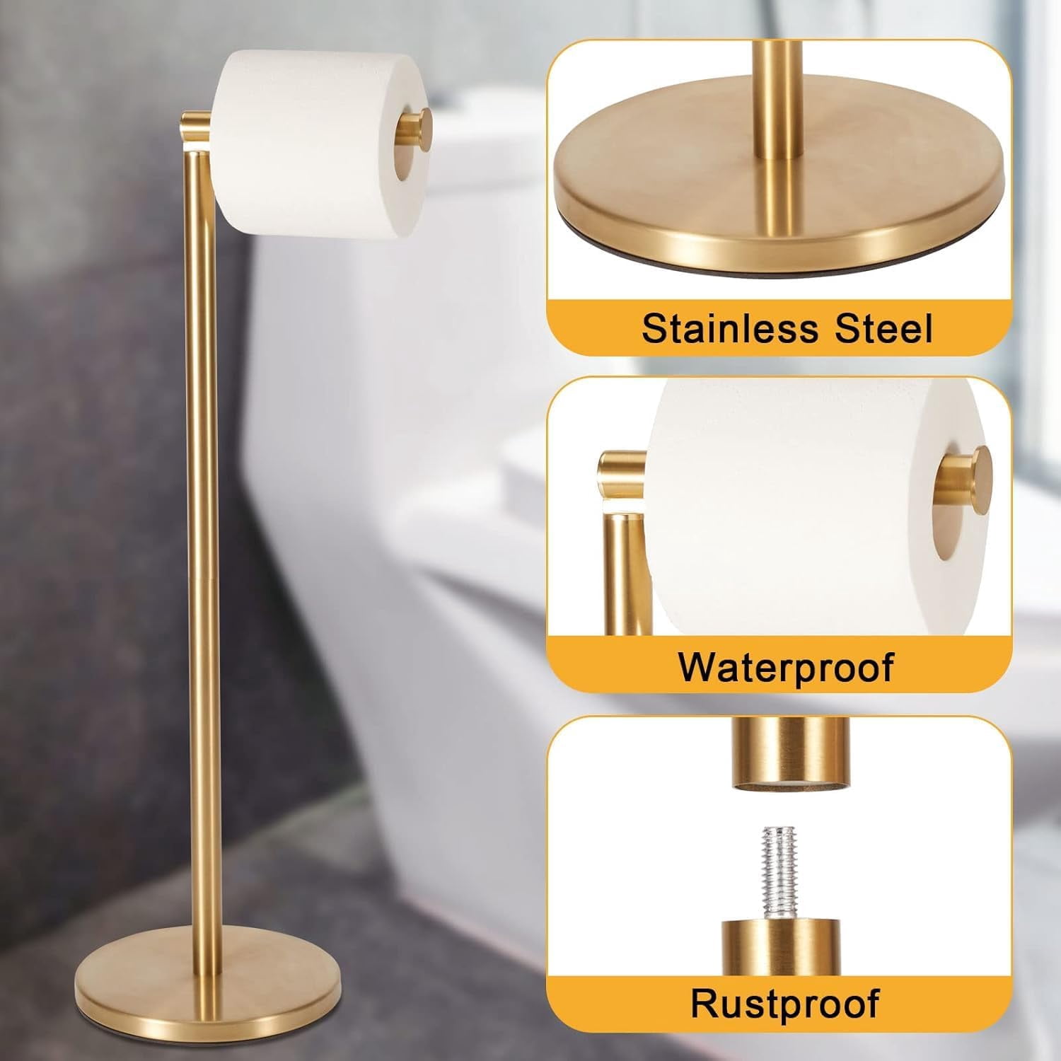 RGHJAR-Toilet Paper Holder Stand, 22inch Bathroom Toilet Paper Stainless Steel Pedestal Tissue Roll Holder, Free Standing Toilet Paper Holder for 3-4 Rolls（Gold）
