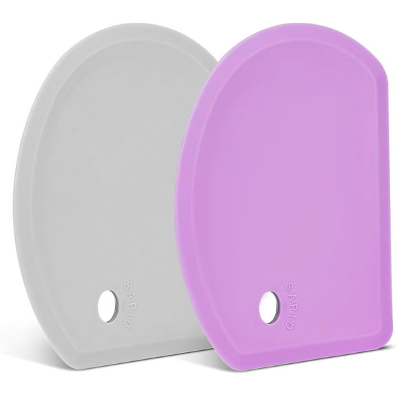 Silicone Dough Scraper with Stainless Steel Sheet, Curved Edge Flexible Bowl Scraper for Baking, Food Grade Silicone Bench Scraper for Sourdough Bread Proofing Basket, Set of 2, Gray & Purple,