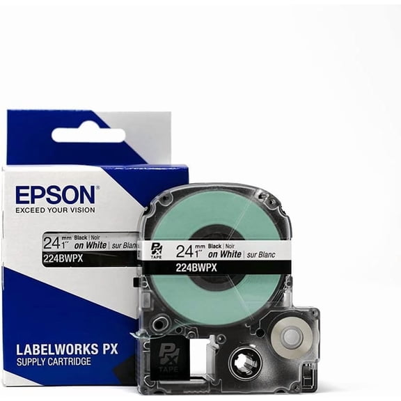 Epson LABELWORKS 224BWPX - Black on White PET Label Maker Tape - 1" (24MM) Wide, 30'