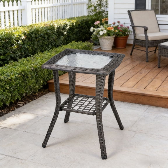 Zimtown Wicker Coffee Side Table, Patio Square End Table with Tempered Glass Table Top, Rattan Table, Gray