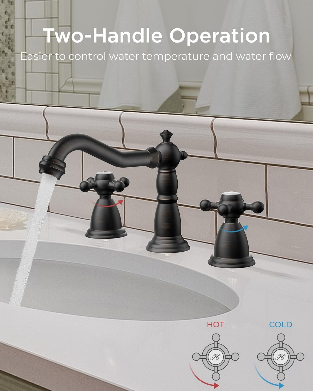 Vintage 3 Hole Bathroom Faucets Oil Rubbed Bronze, 2 Handle 8 Inch Widespread Antique Faucet for Bathroom Vanity RV Farmhosue Sink with Metal Pop Up Drain and Supply Lines