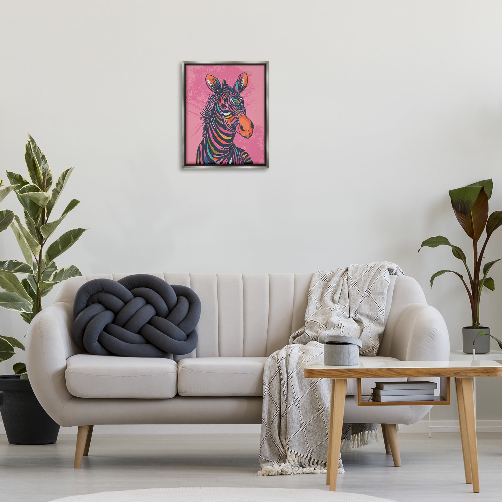 Stupell Industries Bright Stripes Zebra Animals Painting Gray Floater Framed Canvas Art Print Wall Art, 17 x 21