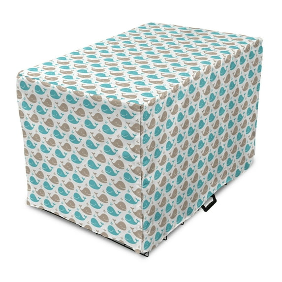 Sea Animals Dog Crate Cover, Pattern Smiling Whale Cartoon Repeated Design Illustration, Easy to Use Pet Kennel Cover Small Dogs Puppies Kittens, 7 Sizes, Tan Turquoise White, by Ambesonne
