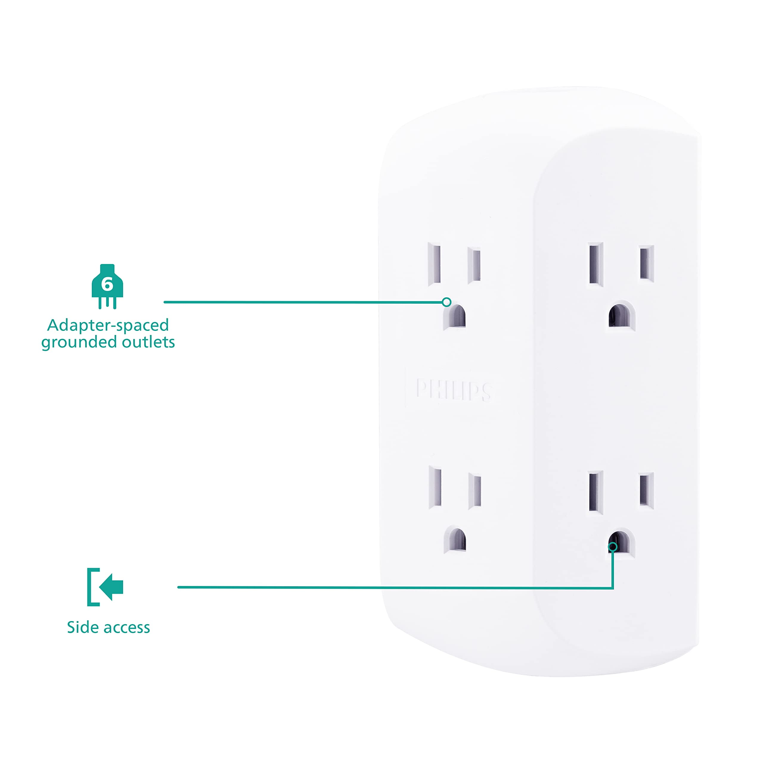 4-Pk Philips 6-Outlet Extender, Grounded Wall Tap, 3-Prong - White SPS1744WA/37