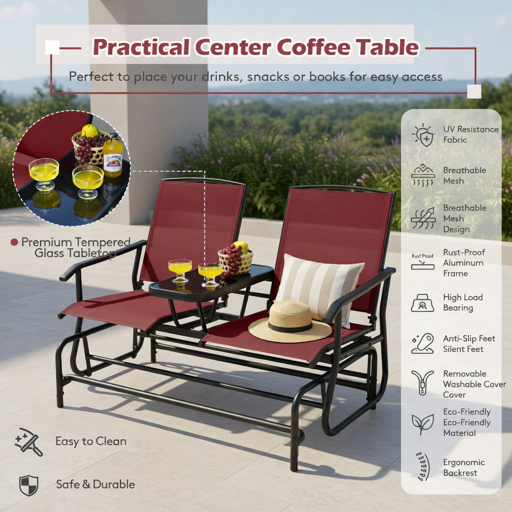 Hommoo 2-Person Outdoor Rocking Loveseat with Tempered Glass Center Table, Mesh Fabric Seating, Red